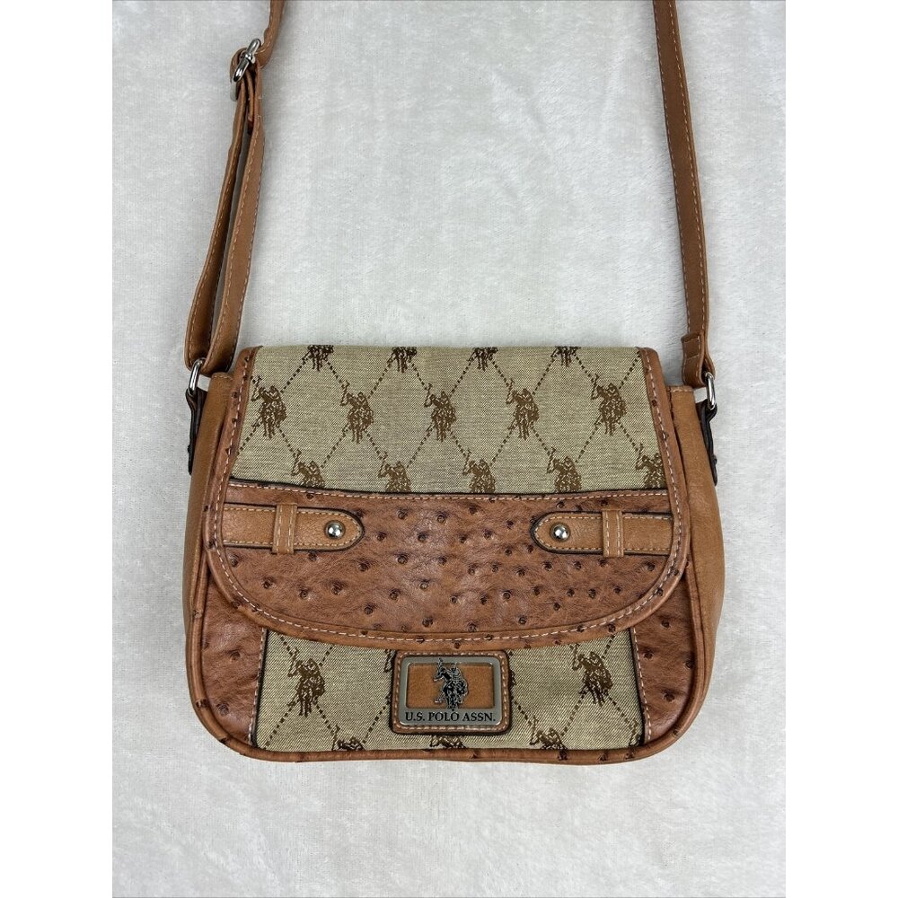 US Polo Assn Canvas & Faux Ostrich Leather Shoulder Bag Purse Brown Small cross